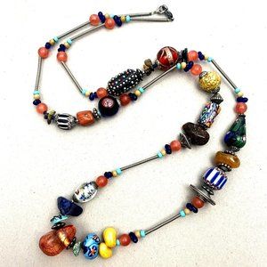 Multicolor Venetian Chevron Necklace Long Art Glass Station Silver Tone 35 Inch